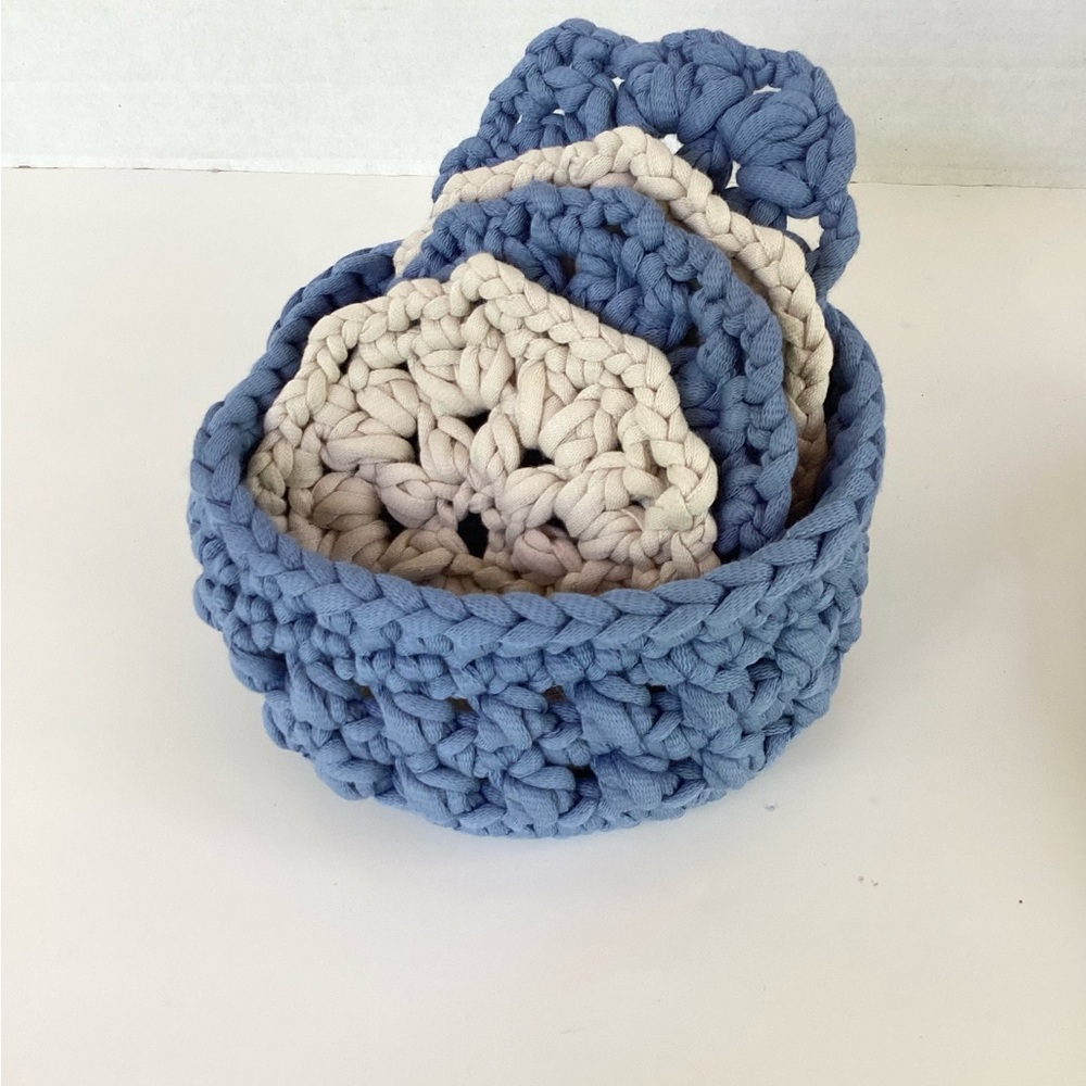 Bowl Lidded Hand Crafted Container Crochet Cotton Denim Blue Boho - Picture 7 of 16